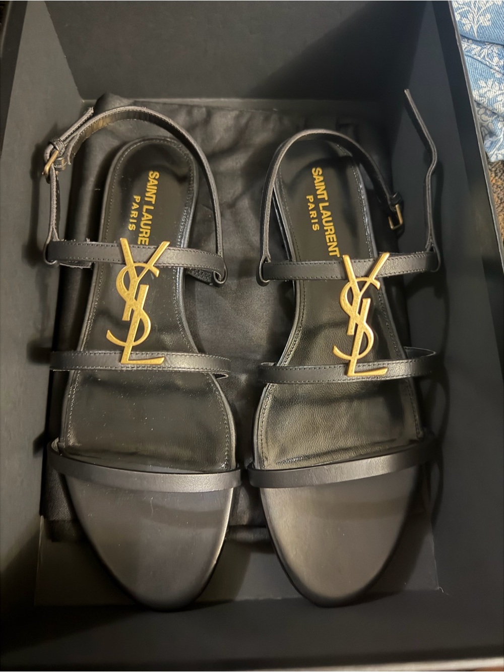Saint Laurent Black Leather Sandals with Gold YSL Logo